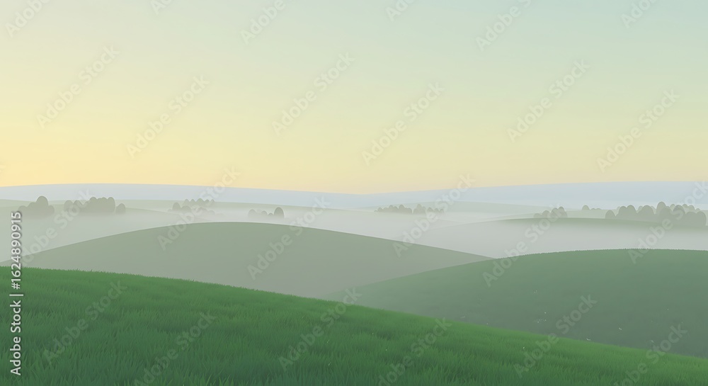 Fototapeta premium Rolling Hills in Morning Mist: A Serene Landscape