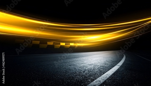 Speeding light streaks above a dark asphalt track with a checkered flag finish