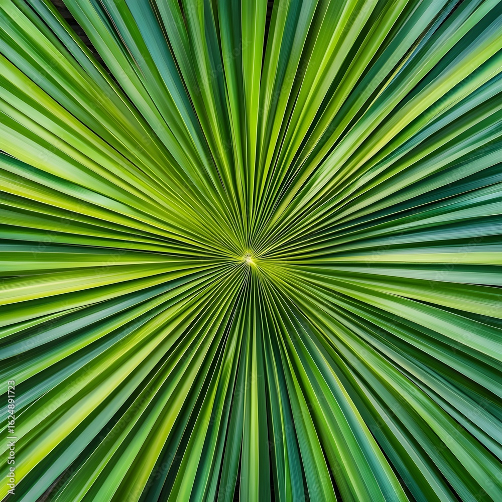 Fototapeta premium A visually striking pattern of radiating palm fronds displays vibrant green hues in a naturally symmetrical design.