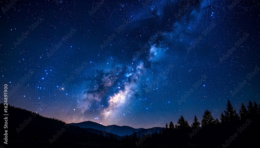 Fototapeta premium Starry Sky above hills A vibrant Milky Way arcs across a dark blue night sky above silhouetted tree-lined hills