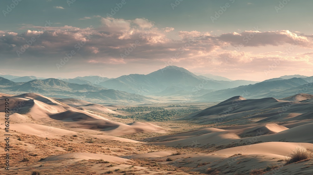 Naklejka premium Scenic desert landscape featuring rolling sand dunes meeting distant mountains, under a soft, pastel sky with clouds, creating a peaceful vista.