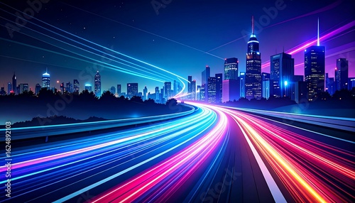 Cityscape at night with neon streaks showing motion on the highway