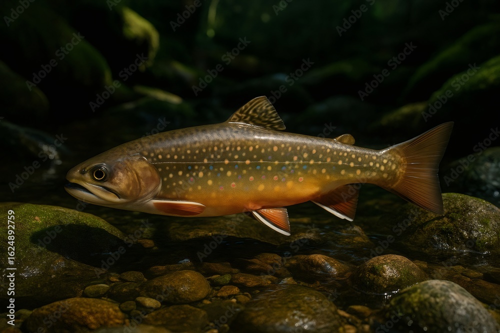 Naklejka premium Brook trout gliding through pristine river waters, displaying iridescent markings against rocky streambed with stunning natural coloration