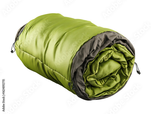 Nature-inspired camping adventure sleeping bag photography. Isolated on transparent background, png.
