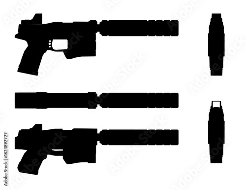 A black and white pistol silhouette with a silencer stands against a clean white background, emphasizing its sleek, minimalist design. The high-contrast composition highlights the weapon's smooth.