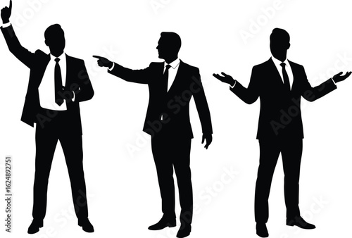 Set of three business man silhouettes in suits, showcasing various hand gestures, symbolizing leadership, communication, and decisive action in a corporate environment.