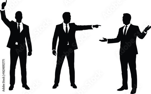Set of three business man silhouettes in suits, showcasing various hand gestures, symbolizing leadership, communication, and decisive action in a corporate environment.