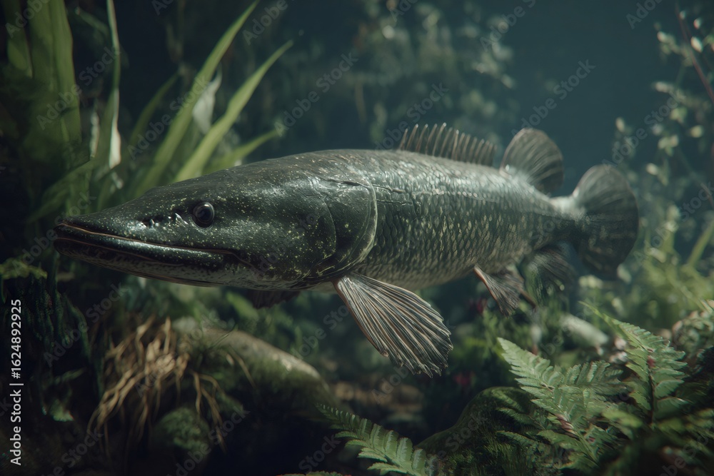 Fototapeta premium Prehistoric fish swimming through dense aquatic vegetation, casting ethereal shadows in dimly lit underwater depths