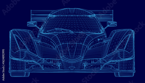 Blueprint of a race car on a blue background highlights the vehicle's aerodynamic design and structural framework. The wireframe illustration reveals precise engineering details.
