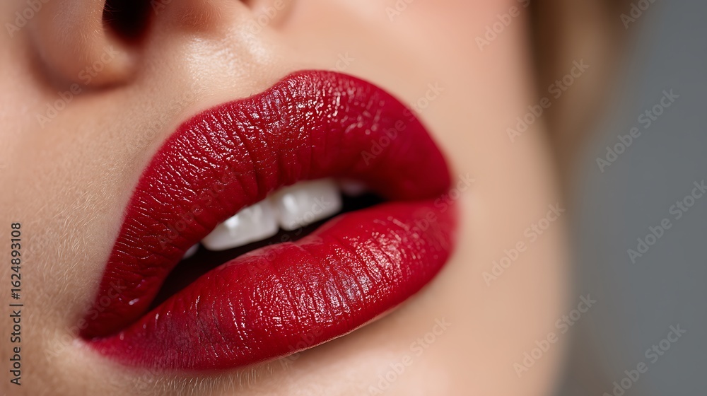 Naklejka premium Seductive Closeup Red lipstick on perfect lips with sensual, beauty, elegant, and macro shot.