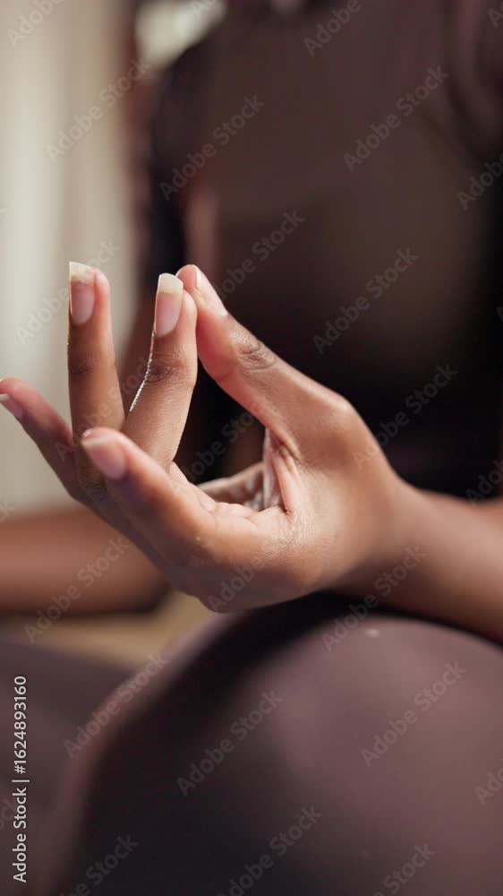 custom made wallpaper toronto digitalMeditation, hand of woman and breathing with pilates in home for health, wellness and aura in living room. Yoga, lotus position and person in lounge with holistic spiritual practice for zen or chakra