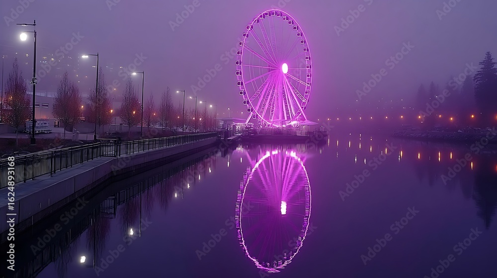 Obraz premium Seattle Great Wheel reflecting on Puget Sound during a foggy twilight.
