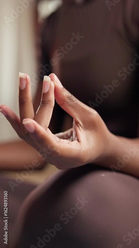 Wallpaper Mural Meditation, hand of woman and breathing with pilates in home for health, wellness and aura in living room. Yoga, lotus position and person in lounge with holistic spiritual practice for zen or chakra Torontodigital.ca