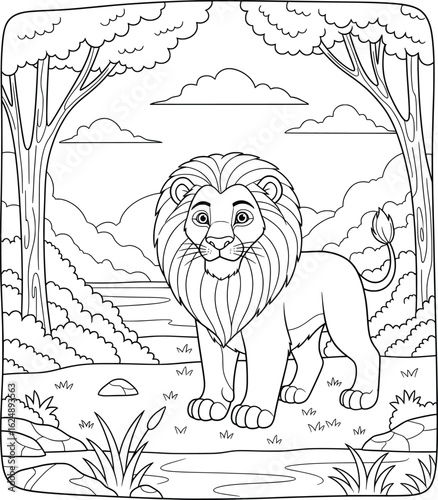 Cute Cartoon Lion Standing in a Jungle Landscape — Black and White Line Art for Coloring Books and Kids’ Activities