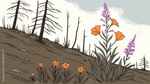 Illustration of a hillside with wildflowers and bare trees against a cloudy sky landscape scenery view