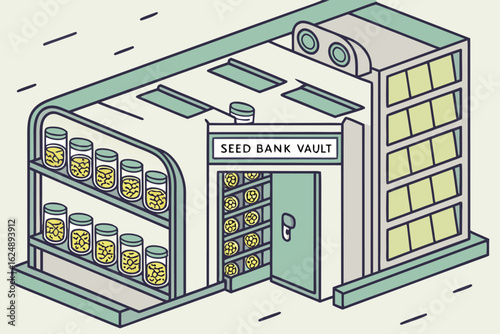 Isometric view of a seed bank vault with shelves of jars and a door labeled seed bank vault inside
