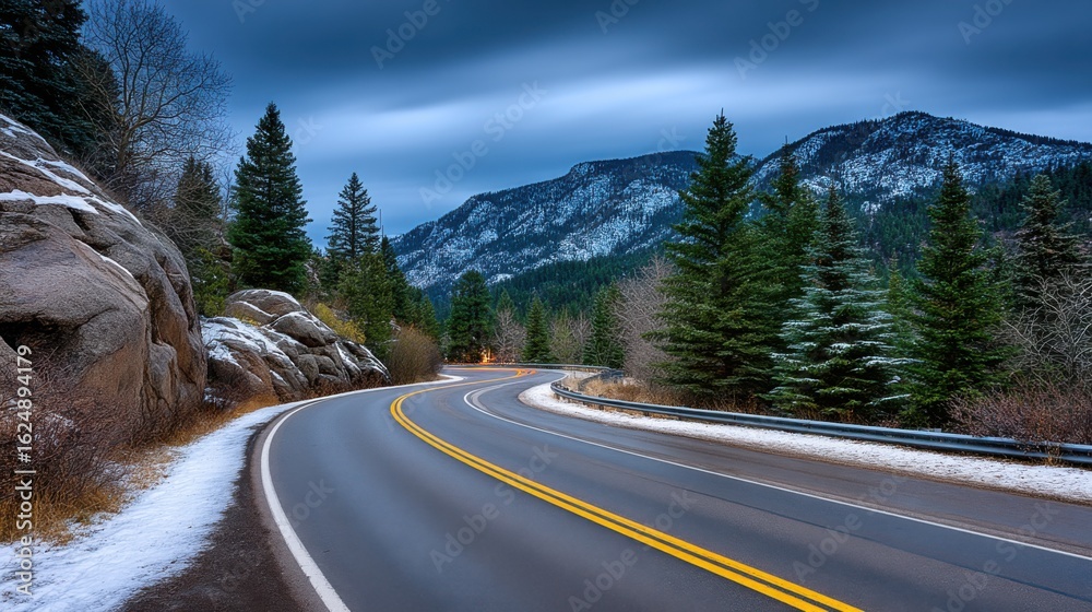 Fototapeta premium A winding mountain road surrounded by pine trees and snow-capped peaks under a cloudy sky