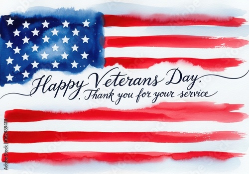 Watercolor american flag with happy veterans day message