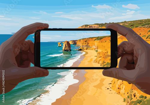 Hands holding a smartphone to capture a breathtaking photo of the Twelve Apostles, symbolizing travel, photography, and the unforgettable moments of a coastal adventure.
