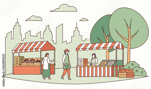 Night market concept. Men and women sell natural and organic products. Local farm store or shop. Festival food stall, outdoor fair street. Marketplace city panorama. Cartoon flat vector illustration

