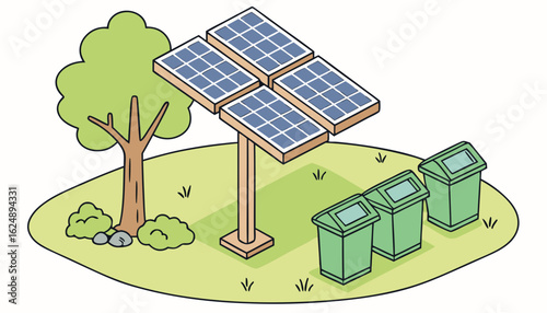 Solar panels concept. Alternative energy sources to reduce emission of harmful waste into atmosphere. Sustainable lifestyle and renewable electricity. Cartoon isometric vector illustration

