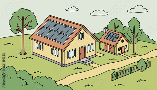 Solar panels concept. Alternative energy sources to reduce emission of harmful waste into atmosphere. Sustainable lifestyle and renewable electricity. Cartoon isometric vector illustration

