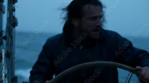 Captain Navigating a Sailboat Through a Ferocious Storm