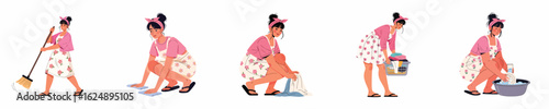 A collection of scenes of housewives doing household chores - washing clothes and dishes, ironing clothes, cooking, feeding cats, etc.