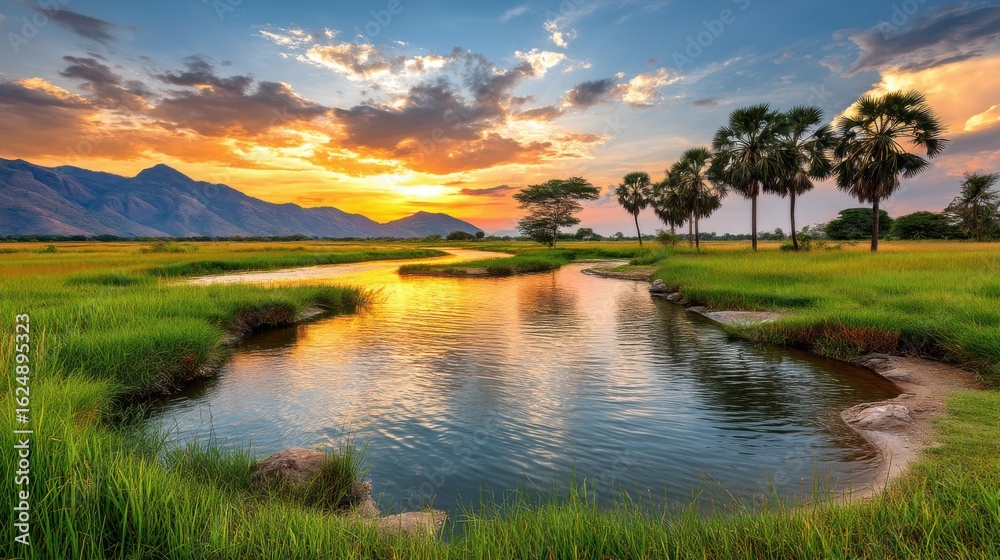 Obraz premium Sunset over a peaceful river flowing through lush green fields with palm trees and mountains in the background