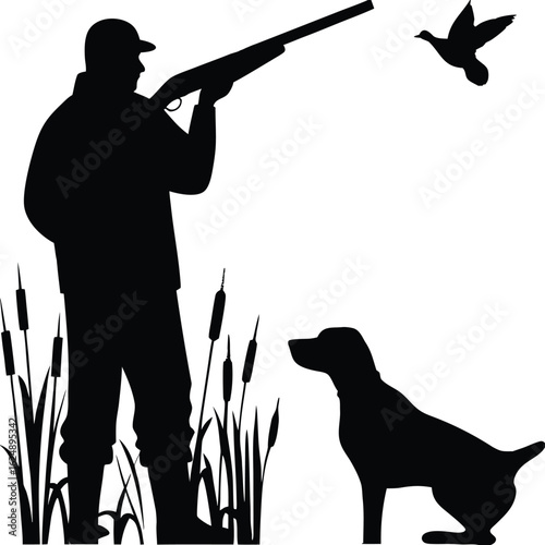 Silhouette of a duck hunter aiming his shotgun at a bird with his loyal dog waiting patiently in the reeds