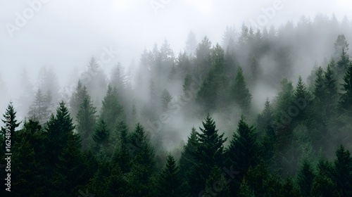 Dense pine forest shrouded in a veil of mist the treetops fading into a hazy white background on an overcast atmospheric morning