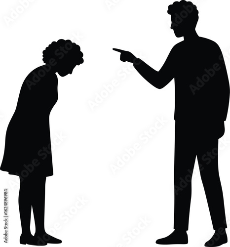 Silhouette of a man scolding a woman, a powerful image symbolizing conflict, domestic abuse, blame, and the stressful dynamics of relationship issues.