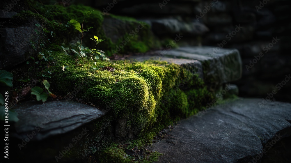 Naklejka premium Moss-covered stone steps create a serene pathway through a lush green garden in the early morning light