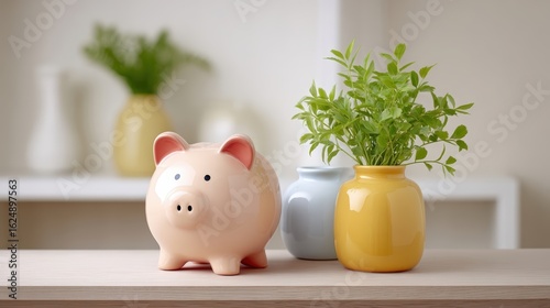 9 to 5 new lifestyle concept, A charming piggy bank next to colorful vases, showcasing a sprightly plant, creating a cozy and inviting home decor scene.