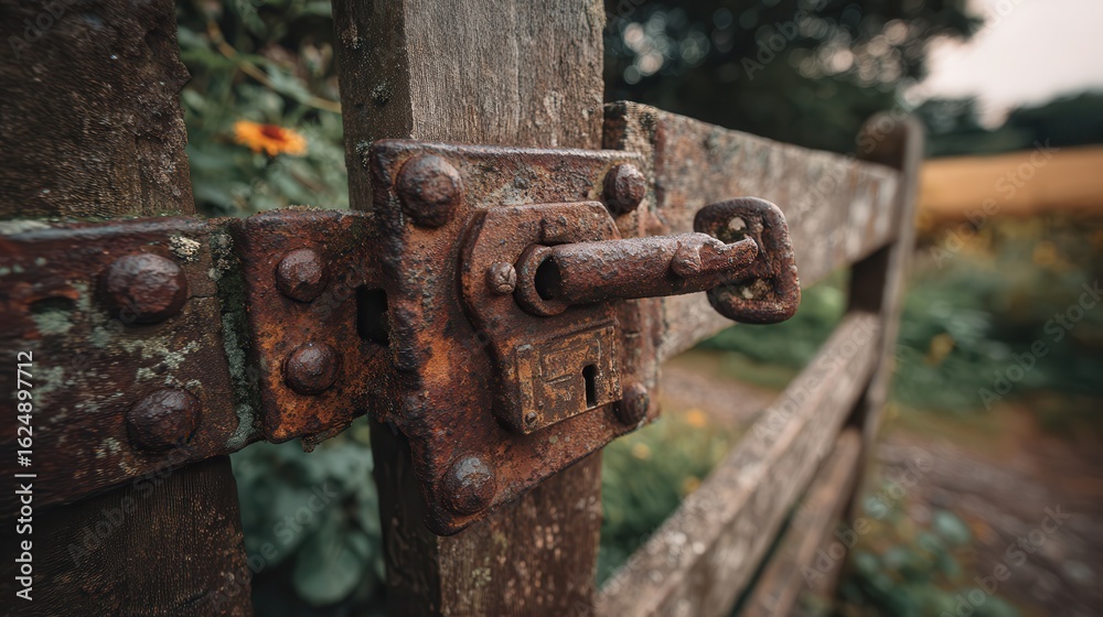 Weathered gate lock close-up showing rust and wear in a rural setting during the afternoon light Weathered gate lock close-up showing rust and wear in a rural setting during the afternoon light