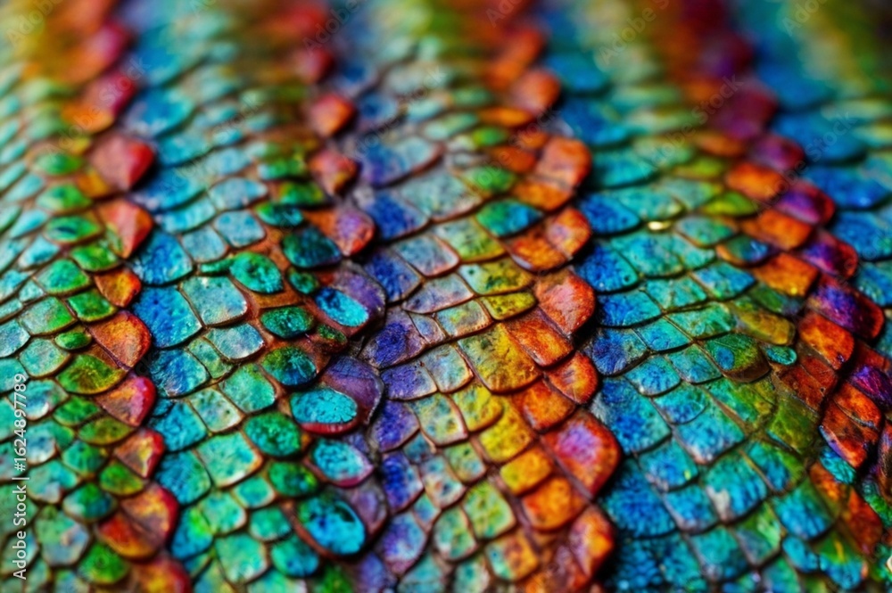 Obraz premium Macro view of colorful lizard scales with iridescent texture — vibrant and exotic.