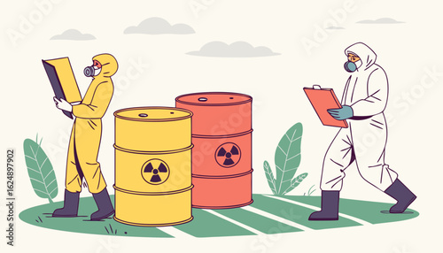 People with toxic waste concept. Workers in protective suits near waste colorful barrels. Pollution of nature and ecology, radiation and chemical trash. Cartoon flat vector illustration