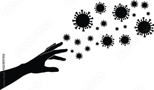 Human hand reaching for coronavirus particles, a powerful silhouette symbolizing the fight against a pandemic, hope, and the global effort for health and safety.