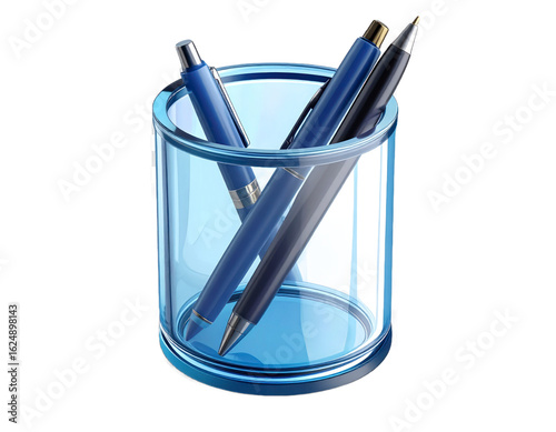 Illustration Of Blue Pens In A Transparent Glass With Transparent Background