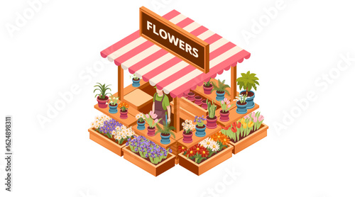 Isometric flower shop kiosk with pink striped awning and FLOWERS sign. Multiple plant displays and varieties on elevated platform with shelving. Vector illustration isolated on white background