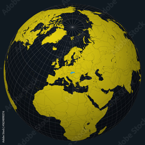 Slovakia on Globe. Country view on the world map in Charcoal Bright Yellow color palette. Slovakia shape on map. Globe with meridians, parallels, countries, rivers and lakes.