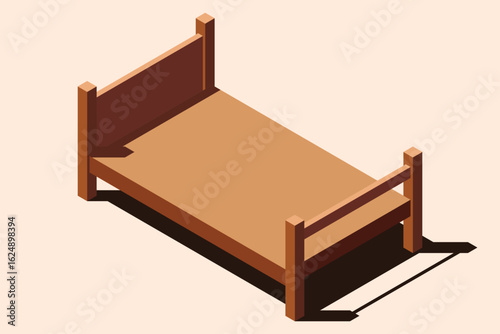 Isometric wooden bed. 3D isometric bed. Wooden bed frame. Isometric bedroom furniture. Isometric furniture