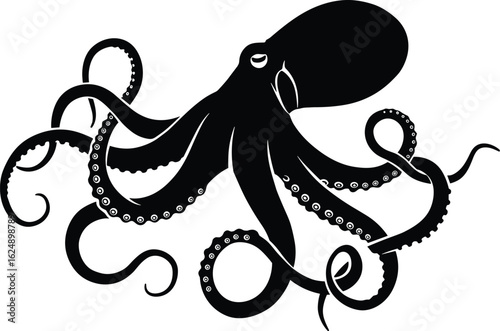 Detailed black silhouette of an octopus, showcasing its intricate tentacles and suckers, symbolizing marine life, ocean mystery, and intelligence in a stylized vector illustration.