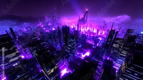 Wallpaper Mural Futuristic Cityscape at Night with Neon Lights and Majestic Skyline in Purple and Blue Hues Torontodigital.ca