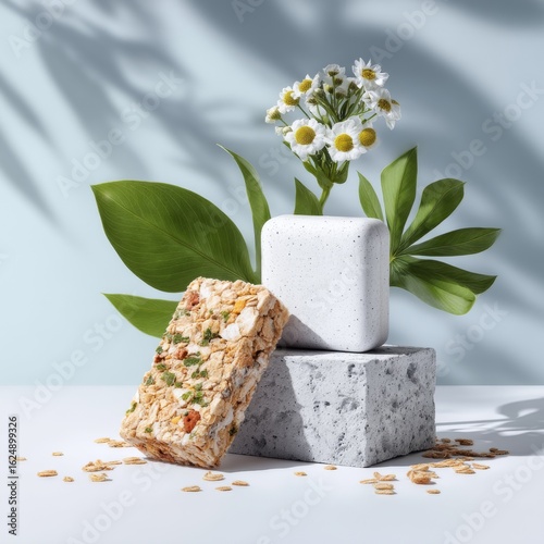 Wallpaper Mural Healthy Snack Arrangement with Granola Bar, Square Stone, and Fresh Green Leaves on Light Background Torontodigital.ca