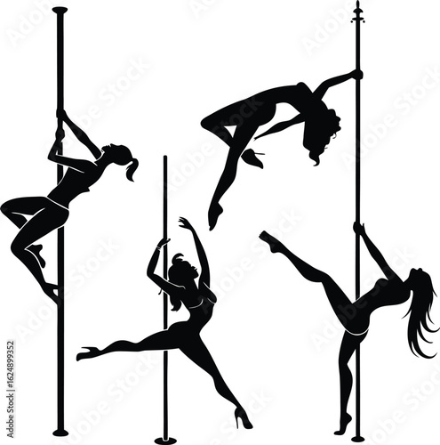 Silhouettes of athletic women performing dynamic poses on a vertical pole in a dance fitness routine