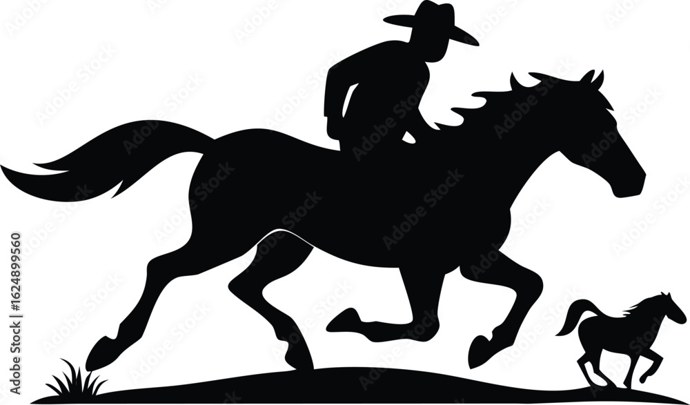 Naklejka premium a running horse with cowboy silhouette