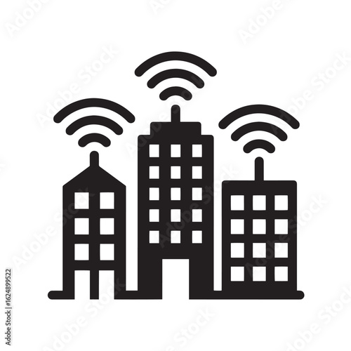 Black vector icon of connected buildings with wifi signals network connection