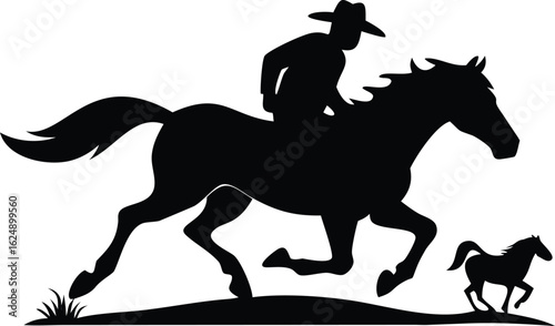 a running horse with cowboy silhouette