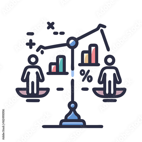 Set of vector infographic elements on the topic of gender equality:
scales of justice
stylized male/female silhouettes
equal pay graphics
Bright accent colors on a light background.